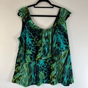 Worthington Women 1X Teal Green Print Tiered Ruffle Tank Top Boho Vacation‎